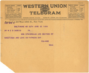 Telegram from Yolande Du Bois to W. E. B. Du Bois