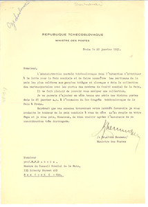 Letter from Czechoslovakia Ministry of Posts and Telecommunications to W. E. B. Du Bois