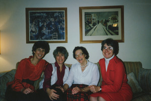 Helen Curtis sitting indoors with Arlyn Diamond, Lee Edwards, and Nina Scott