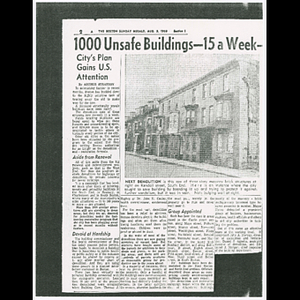 Photocopy of newspaper clipping of article 1000 unsafe buildings - 15 a week