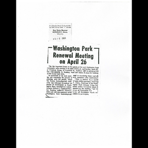 Photocopy of Bay State Banner article, Washington Park renewal meeting on April 26