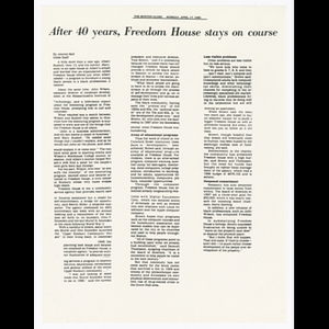 Newspaper clipping from the Boston Globe, "After 40 years, Freedom House stays on course"