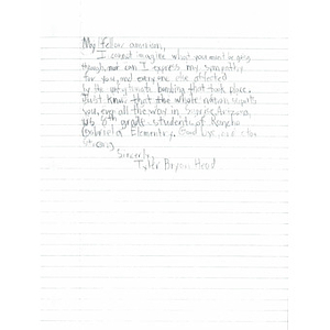 Letter of sympathy and solidarity from from a student at Rancho Gabriella Elementary School (Surprise, Arizona)