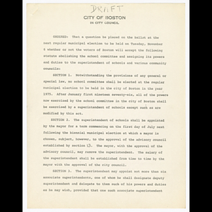 Draft of proposal by city council of Boston abolishing the school committee and assigning duties to superintendent and community councils