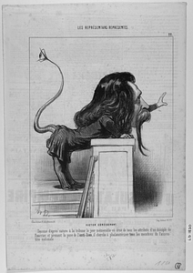 VICTOR CONSIDÉRANT. Dessiné d'après nature à la tribune le jour mémorable où orné de tous les attributs d'un disciple de Fourrier, et prenant la pose d l'anti-lion, il cherche à phalanstériser tous les membres de l'assemblée nationale.