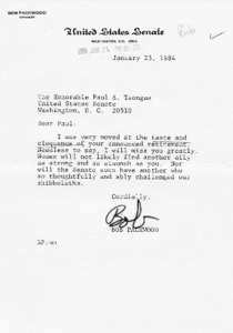 Letter from Bob Packwood to Paul E. Tsongas