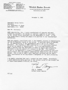 Letter to George Shultz from Senator Paul E. Tsongas regarding WANG Laboratories, Inc.