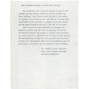 Text of second telegram to Mayor John F. Collins.