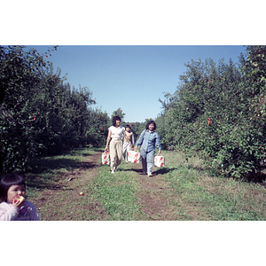 People in an orchard during a Chinese Progressive Association trip