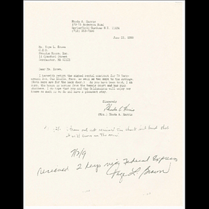 Letter from Rhoda A. Harris to Toye L. Brown regarding rental contract for Oak Bluffs cottage, including a note by Toye