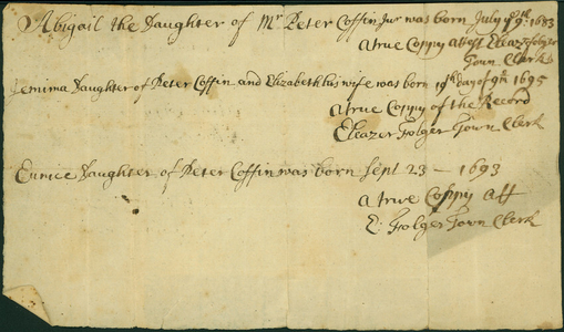 Birth certificate for Abigail, Jemima, and Eunice Coffin