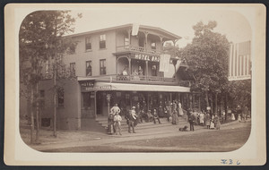 Group of people standing on the stairs of the Hotel Brockton, Brockton, Mass., 1880