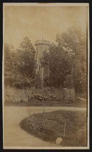 Exterior view of the water tower on the Elisha Dillingham Bangs Estate, at extreme edge, easterly of Central Street, Winchester, Mass., 1889
