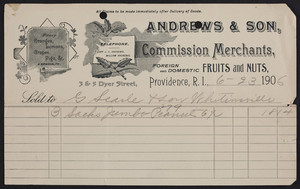 Billhead for Andrews & Son, commission merchants, 3 & 5 Dyer Street, Providence, Rhode Island, dated June 23, 1906
