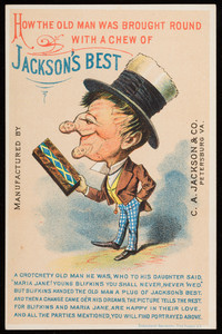 Trade card for Jackson's Best, tobacco, manufactured by C.A. Jackson & Co., Petersburg, Virginia, undated