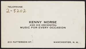 Kenny Morse and his Orchestra, 213 Patterson Street, Manchester, New Hampshire, undated