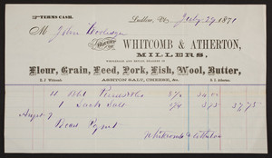 Billhead for Whitcomb & Atherton, millers, Ludlow, Vermont, dated July 29, 1871