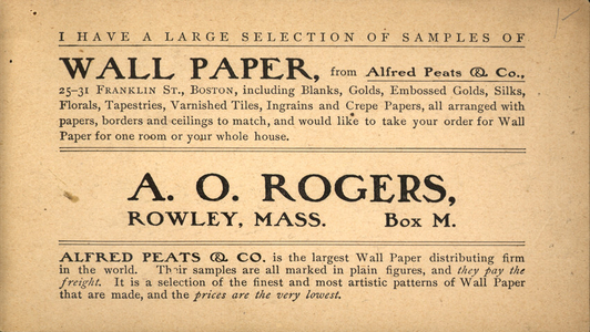 Trade card for A.O. Rogers, wall paper samples, Box M, Rowley, Mass., undated