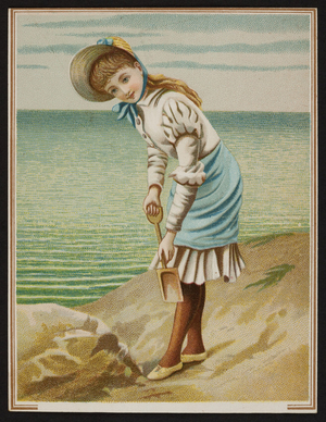 Trade card with a young girl holding a shovel, location unknown, undated