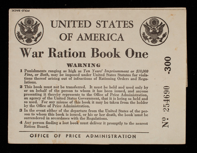 United States of America war ration book one, no. 254690, U.S. Office of Price Administration, U.S. Government Printing Office, 1942