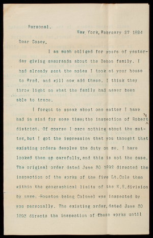 Henry L. Abbot to Thomas Lincoln Casey, February 27, 1894