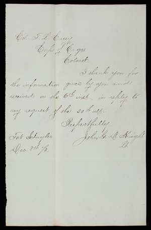 John G. D. Knight to Thomas Lincoln Casey, December 8, 1873