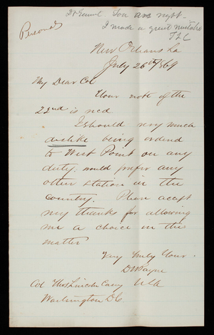 D. W. Payne to Thomas Lincoln Casey, July 26, 1869