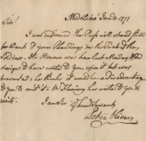 Letter from Peter Oliver to Robert Treat Paine, 3 January 1771