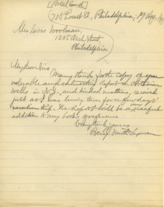 Letter from Benjamin Smith Lyman to Lewis Woolman