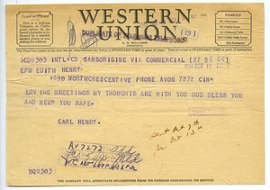 Telegram from Carl Henry to Edith Henry