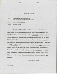 Memorandum from Mark H. McCormack to Jean-Claude Killy File