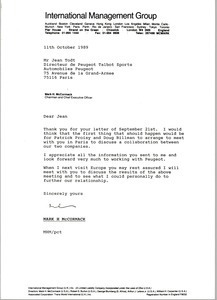 Letter from Mark H. McCormack to Jean Todt