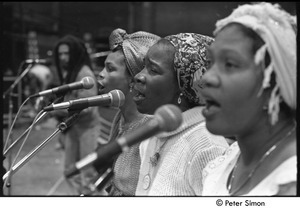 Bob Marley and the Wailers rehearsing: (r-l) Marcia Griffiths, Rita Marley, Judy Mowatt, Bob Marley