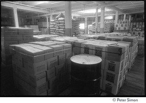 Boxes and pallets of sacks in the Erewhon Food Coop stockroom, Farnsworth Street warehouse