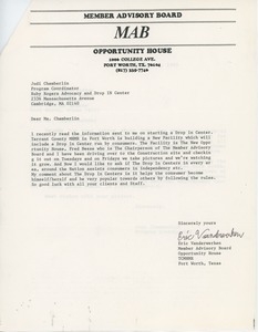 Letter from Eric Vanderwerken to Judi Chamberlin