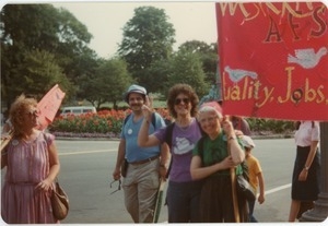 Antinuclear arms protest: Frances Crowe carrying the AFSC Western Massachusetts banner
