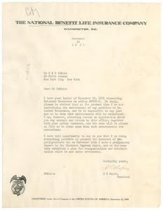 Letter from National Benefit Life Insurance Company to W. E. B. Du Bois