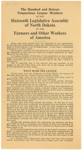 The hundred and sixteen Nonpartisan League members of the sixteenth legislative assembly of North Dakota to the farmers and other workers of America