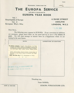 Letter from Europa Publications Limited to W. E. B. Du Bois