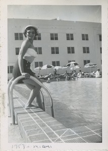 Bernice Kahn testing the waters of a hotel pool
