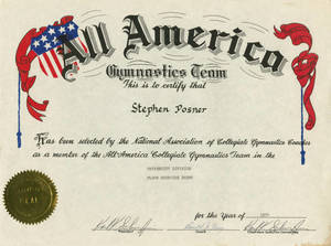 Stephen E. Posner 1974 All America Gymnastics Team certificate