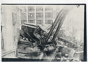 Beach Street Station accident, view from tracks of cars and crane