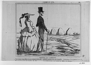 Parisiens a la campagne. - Nous sommes imprudents de nous aventurer de la sorte..... voilà là-bas quelque chose qui m'inquiète..... je ne sais pas s'il est prudent d'avancer.... - Mais, ce sont, je crois, des meules de blé..... - Je craignais que ce ne soient des huttes de sauvages!.....