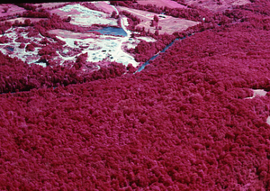 Aerial false-color IR image of Northwest Hill, Hoosic River, and Moore's Pond and gravel works.