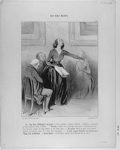 Le bas bleu déclamant sa pièce. - Acte sixième, premier tableau... le théâtre représente un tigre endormi dans le désert..... Rosalba s'avance en se traînant avec peine et en traînant avec plus de peine encore ses cinq enfans et son vieux père; - Rosalba tombe au pied d'un dattier couvert de noix de cocos et s'écrie avec désespoir: O ciel quand finiront nos tourmens!.... Tous les auditeurs (A voix basse) et les nôtres quand donc finiront-ils, o ciel!....