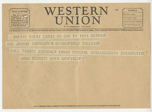 Telegram announcing death of William Beckett (March 15, 1954)