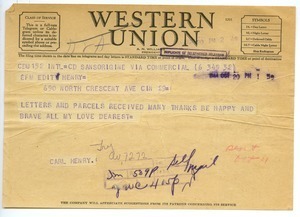 Telegram from Carl Henry to Edith Henry