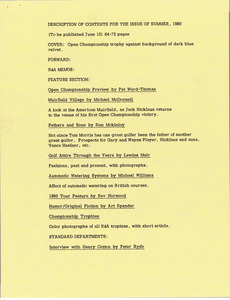 Description of contents for the issue of summer, 1980