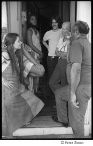 Ram Dass retreat at David McClelland's: Karmu (Edgar Warner), right, speaking with Mary Sharpless McClelland (2nd from right) and others