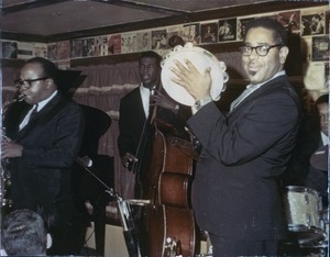 Dizzy Gillespie (trumpet), Chris White (bass), and James Moody (saxophone) performing at the Jazz Workshop